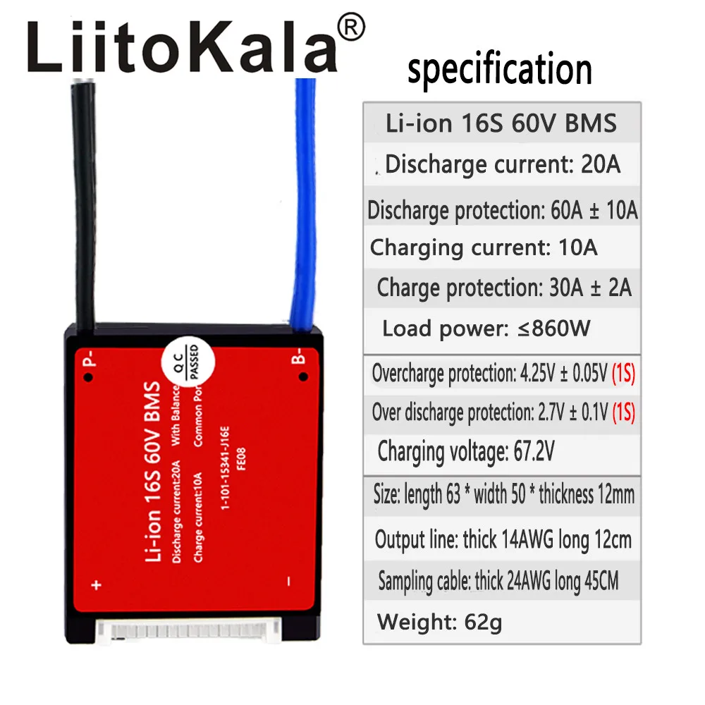 LiitoKala 10S 13S 16S BMS 20A 36V 48V 60V PCM PCB için 3.7 V lityum iyon batarya paketi 18650 NMC E-bisiklet Scooter NTC