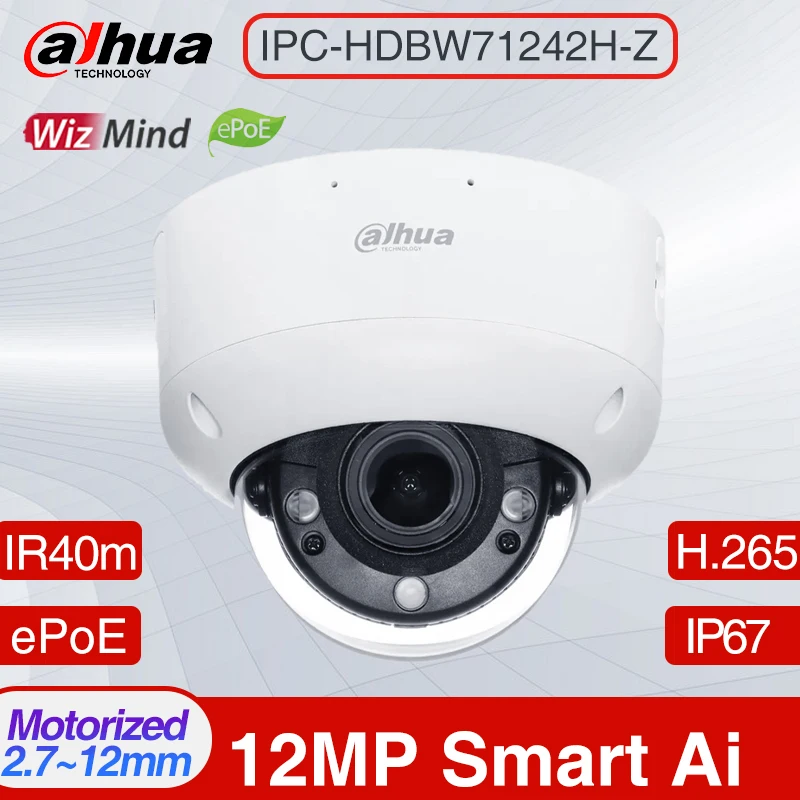Dahua IPC-HDBW71242H-Z 12MP IR 40m Dome WizMind ağ kamerası ePOE IP67 IK10 akıllı H. 265 + Yüz Algılama IP Kamera HDBW71242H-Z