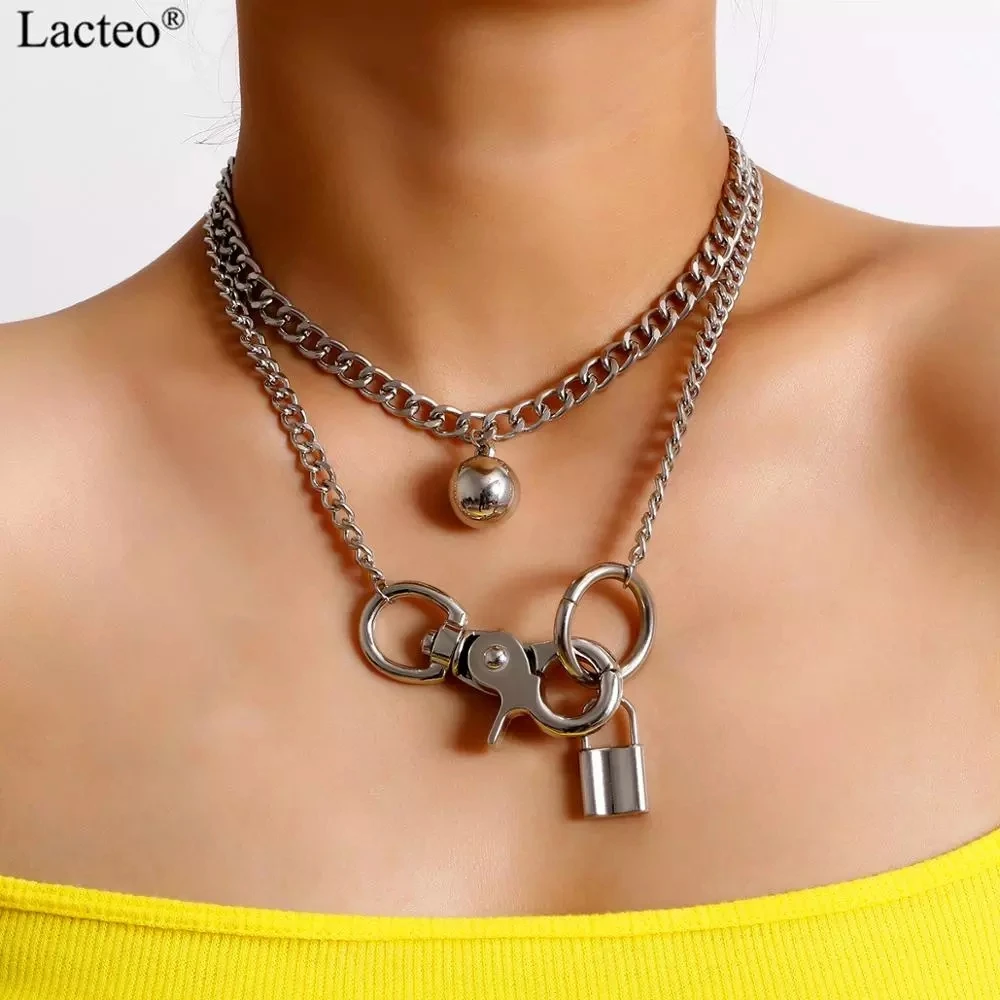 Lacteo Abartılı Büyük Düğme Kilit Charms Kolye Kolye Kadınlar için Punk Metal Zincir Gerdanlık Kolye Yaka kadın mücevheratı Hediye