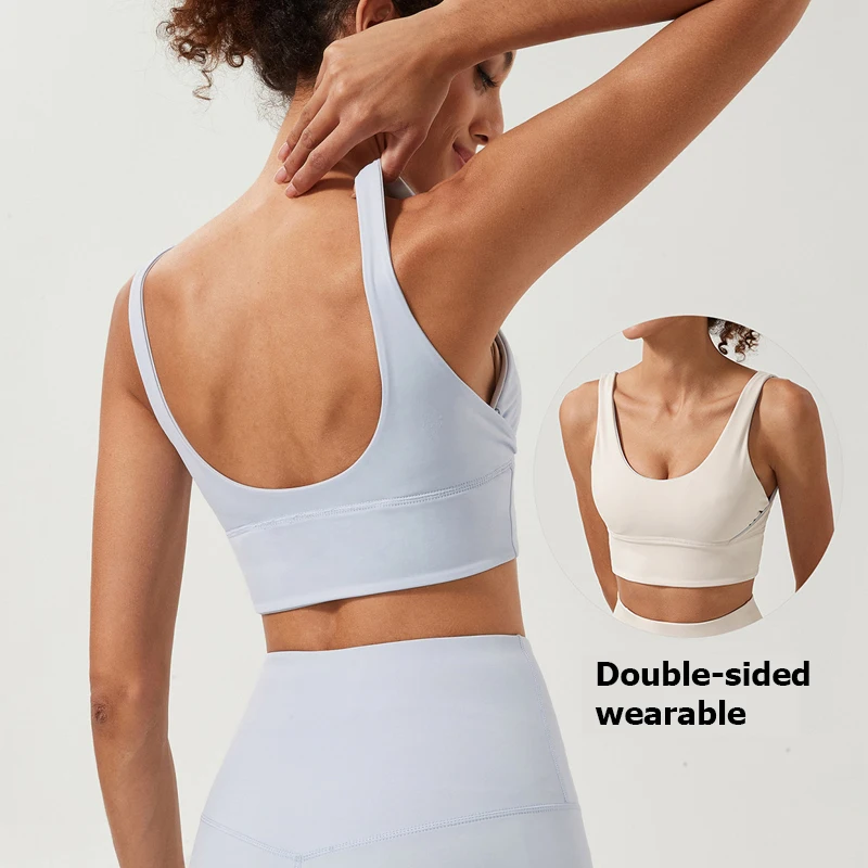 Kadın Çıplak Duygu Likra Spor Yoga Sutyen Çift Taraflı Giyilebilir Spor Kırpma Üstleri Kadın Nefes Düz Renk Spor İç Çamaşırı