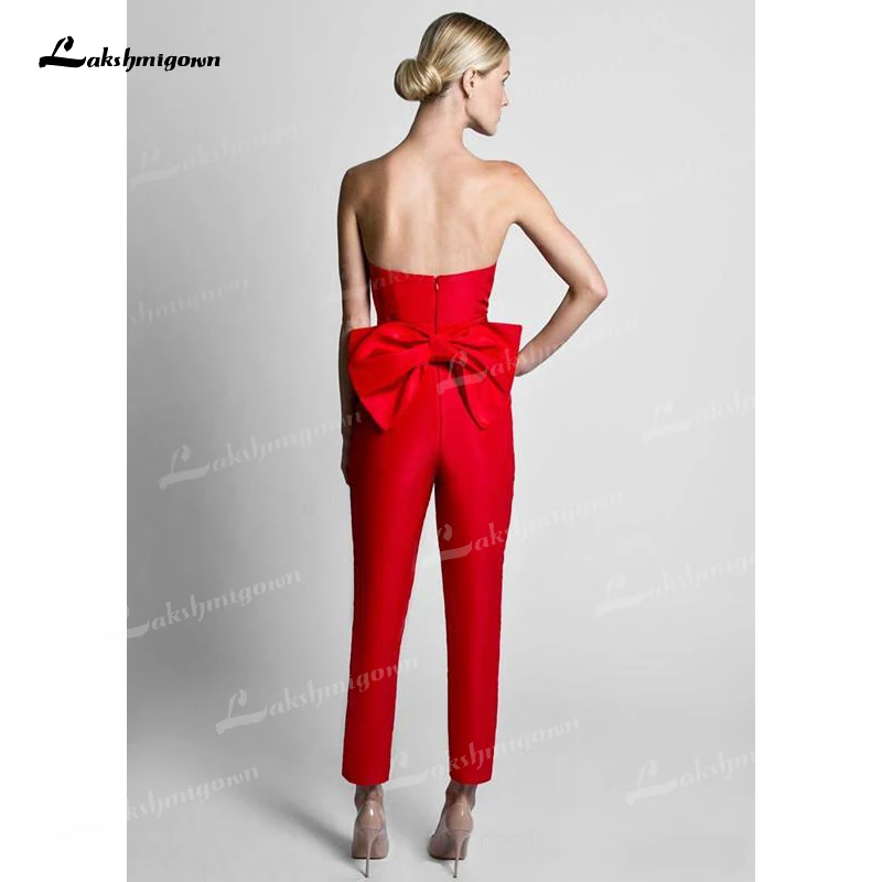 Mütevazı Kırmızı Tulumlar Gelinlik Ayrılabilir Etek Straplez Gelin kıyafeti Gelin Parti Pantolon Kadınlar için Özel Yapılmış Görüntü 5 