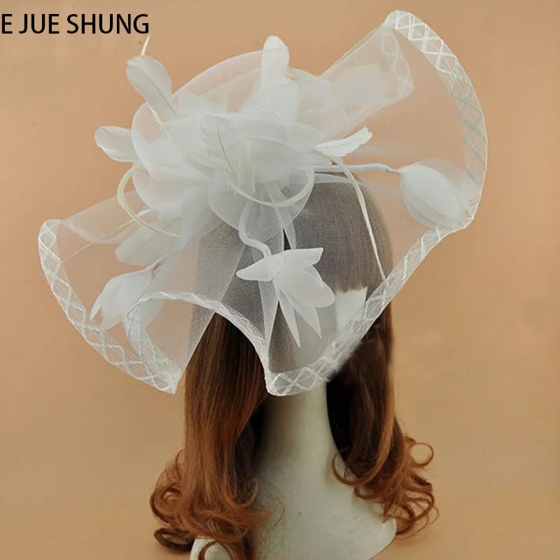 E JUE SHUNG Gelin Tüy Şapka Beyaz Kırmızı Siyah Büyük Düğün Şapka Gelin Fascinator Düğün Aksesuarları