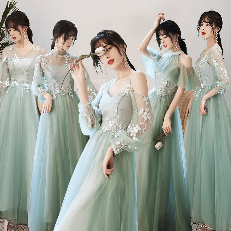 A98118 Pembe Gri Mavi Gri Yeşil Gelinlik Modelleri Aplikler Illusion Kollu Lace Up Örgün Mezuniyet elbisesi Düğün Parti Elbise