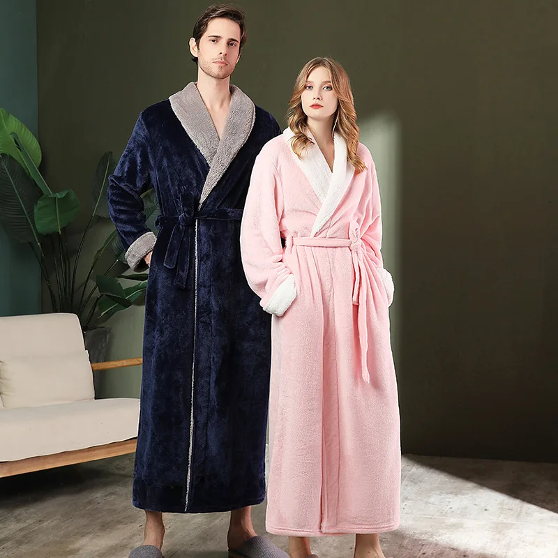 Erkekler Kış Artı Boyutu Uzun Mercan Polar Bornoz Kimono Sıcak Flanel bornoz Erkekler Rahat Elbiseler Gece Pijama Kadın Sabahlık