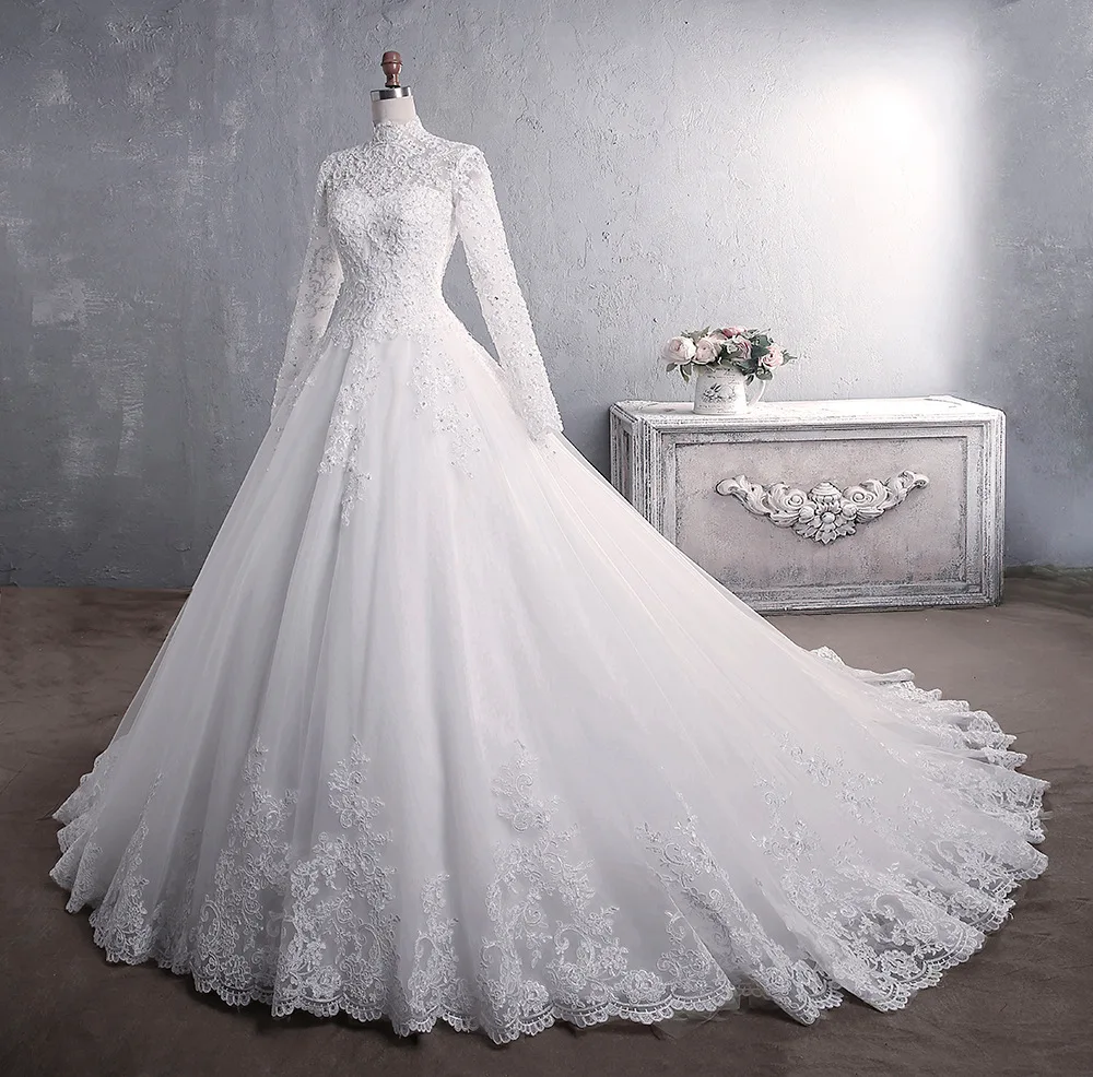 Müslüman düğün elbisesi 2022 Zarif Yüksek Boyun Tren Prenses gelinlik Lüks Dantel Nakış gelinlik Vestido De Noiva