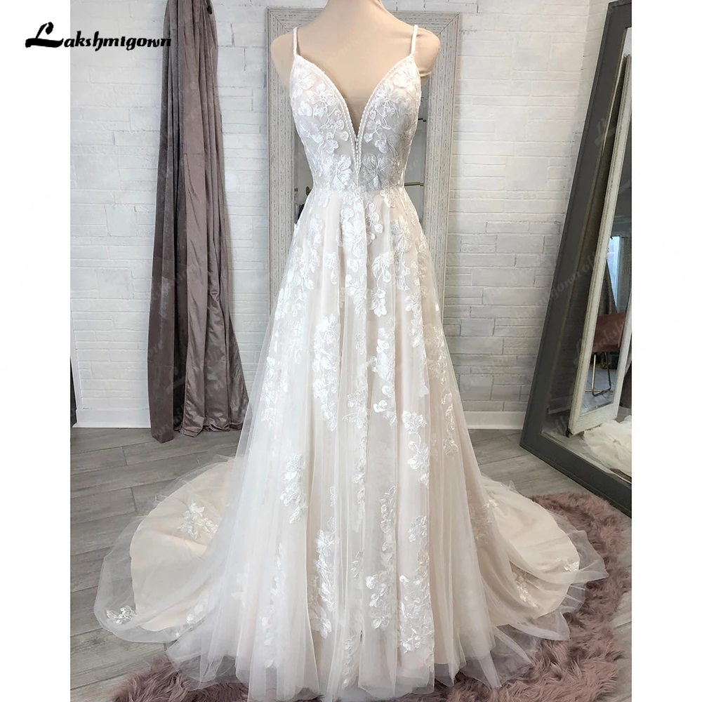 Lakshmigown V Boyun Dantel Bir Çizgi Boho gelinlikler Aplikler Süpürgelik Spagetti Sapanlar Plaj 2023 düğün elbisesi Kadınlar için Vestido