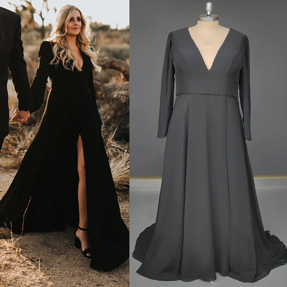 Basit Siyah Uzun Kollu Şifon düğün elbisesi Custom Made V Boyun Kapalı Geri Bir Çizgi Maxi Cadılar Bayramı Fotoğrafçılığı gelinlikler