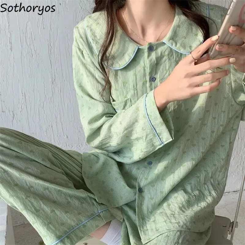 Pijama Setleri Kadın Yeşil Tatlı Öğrenci Basit Baskı Rahat Sonbahar Rahat Yeni Varış Pijama Salonu Uzun Kollu Harajuku