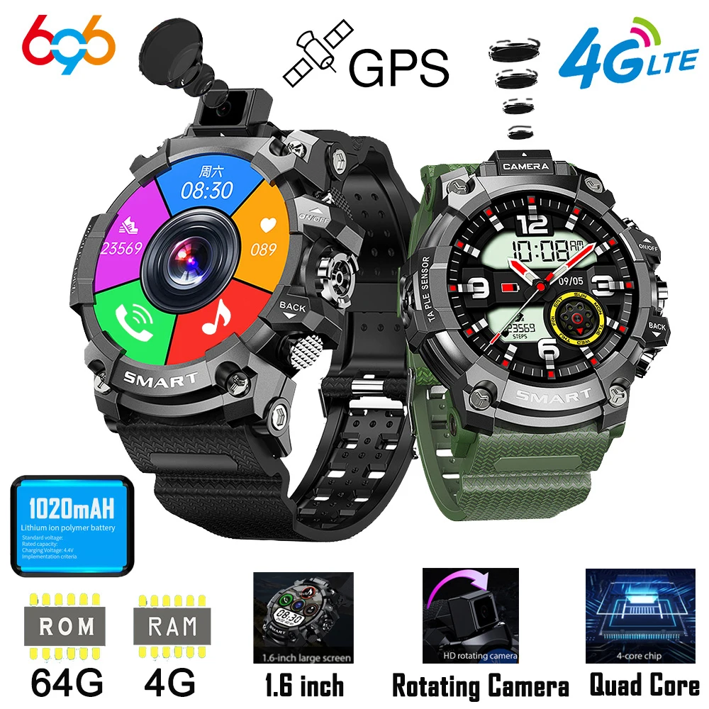 1020 mah Android 4G akıllı saat Açık Spor GPS WiFi Flip Kamera 1.6 İnç HD 400 * 400 Ekran 4G RAM 64G ROM Sım Kart Smartwatch