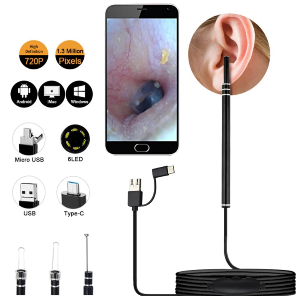 Kulak Temizleme Endoskop Kaşık Mini Kamera Kulak Seçici Kulak Balmumu Kaldırma Görsel Kulak Ağız Burun Otoskop Desteği Android PC