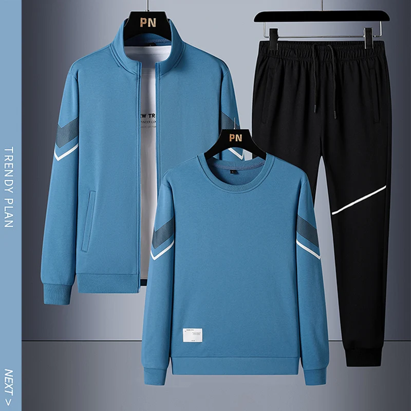 M-6XL Koşu erkek Eşofman Katı Spor pamuklu spor Salonu 3 adet Set Hırka Kazak Sweatpants Ceket + T-shirt + Pantolon Görüntü 0 