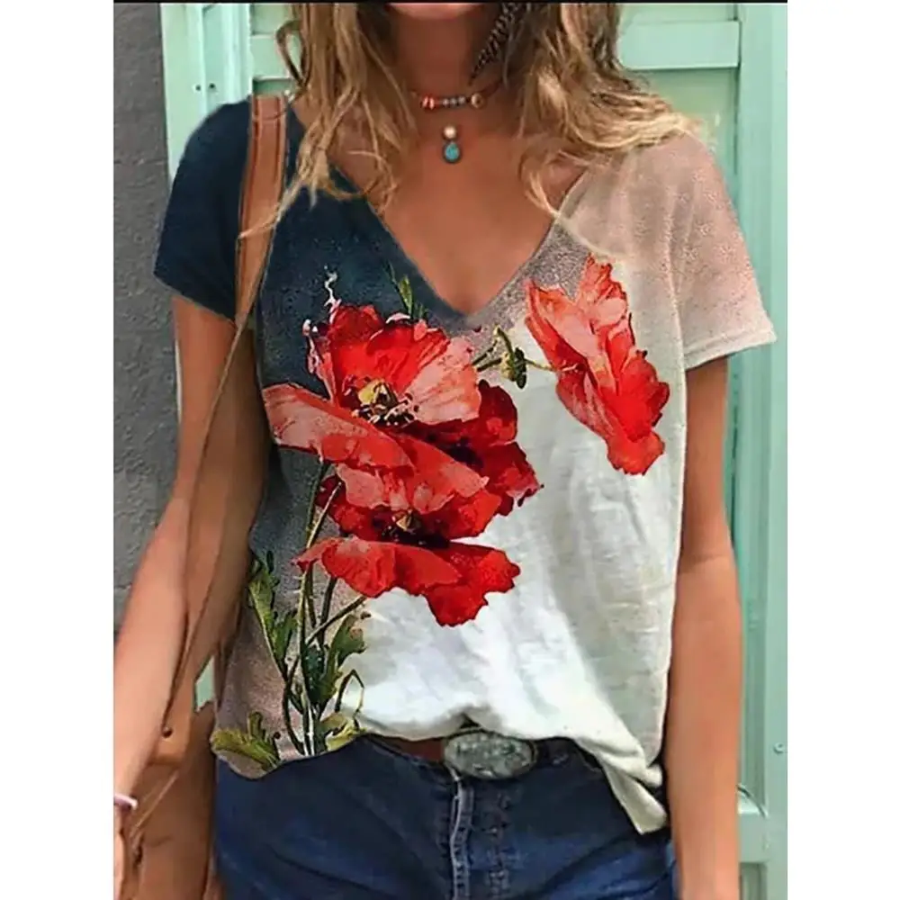 Seksi V Yaka Pembe Moda Çiçek Yağlıboya Desen Kısa Kollu Yaz Günlük Rahat kadın giyim Üstleri kadın T-Shirt